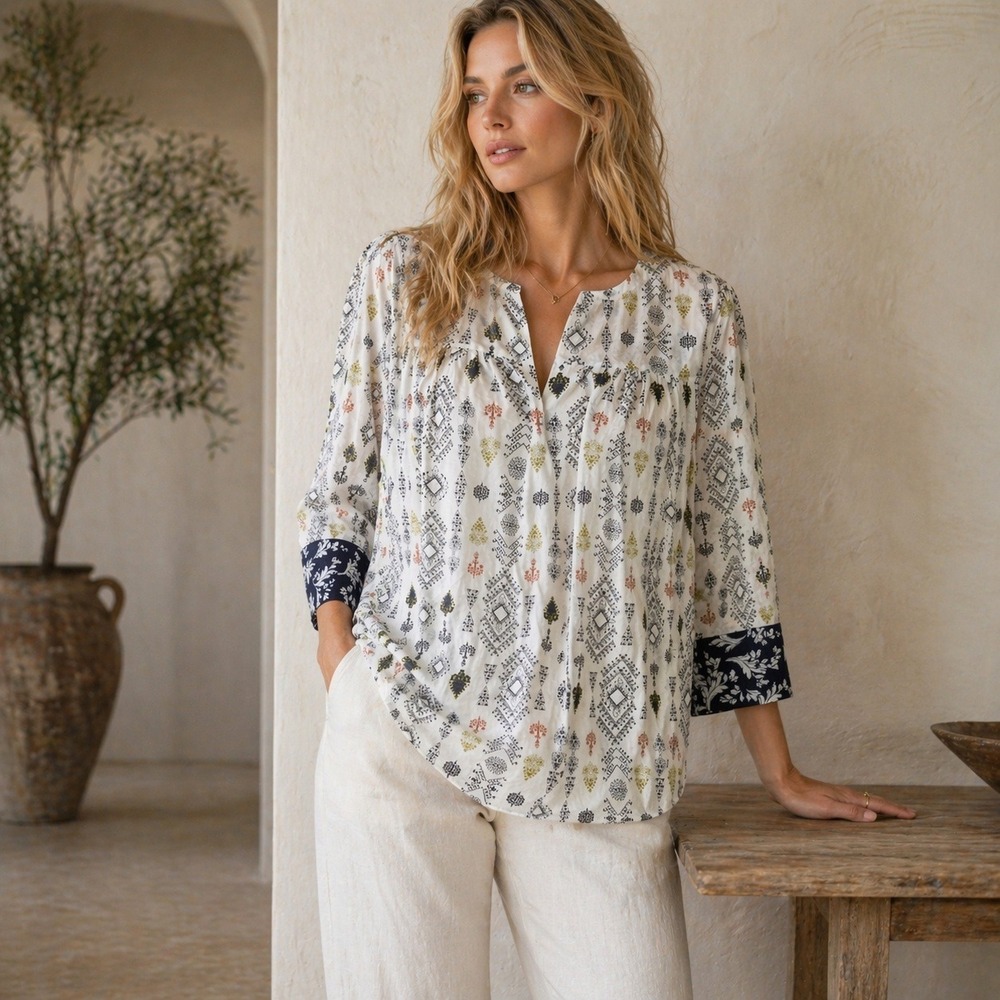 Massimo Dutti Tunic Top Geometric Pattern Boho Tribal Split Neck White Size 8